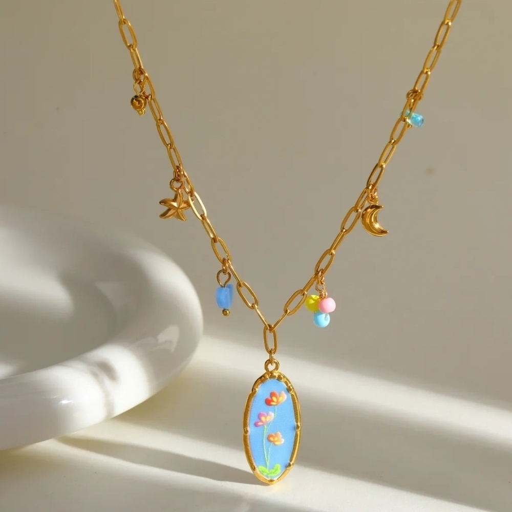 Floral Pendant Necklace Cornflower Blue